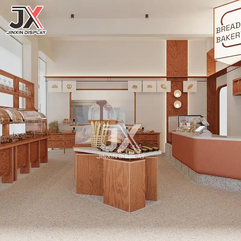 H0208daaaad3d47ac9452ad79f6e846fdA.jpg Customizable Fashion Bakery Display Cabinet Design Customized Bread Glass Wooden Marble Bakery Showcase Counter for Shop Display - Image 1