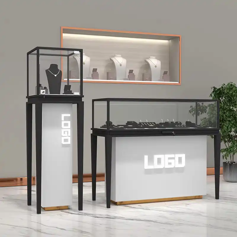 H0e4f1db1022541b4adefd464f6a72225Y.jpg Customizable Modern MDF Jewelry Display Cabinet LED Gold Glass Counter Silver Jewelry Showcase for Retail Store Mall Featuring - Image 1
