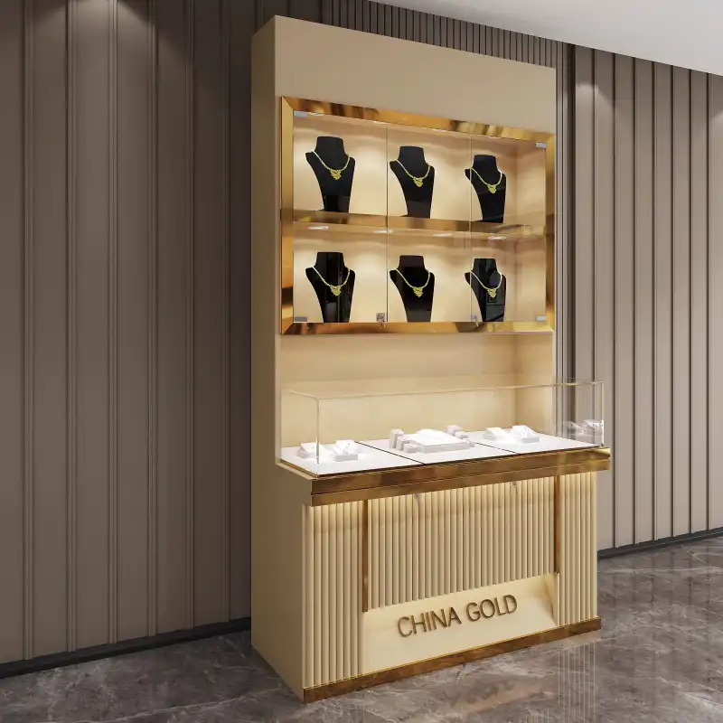 H4e9ef7a8ccdf47879494525179126ffbS.jpg Customizable Modern Jewelry Display Cabinet LED Gold Glass Counter for Retail Store Mall Showcase Featuring Silver Jewelry Jade - Image 1