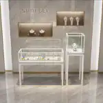 Customizable Design Modern MDF LED Gold Glass Counter Showcase Retail Store Mall Featuring Modern Silver Jewelry Display Cabinet