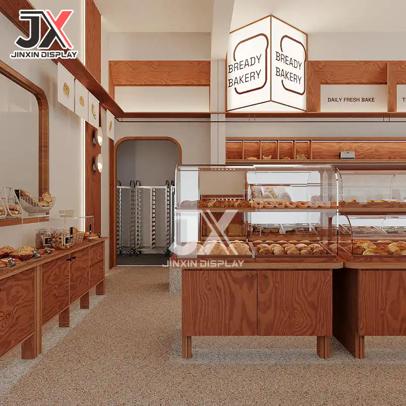H71dcd46af0eb476bbd155827d7a96facn.jpg Factory Custom Modern Trendy Bakery Shelves Sweets Bread Shop Cafe Showcase Display Cabinet Coffee Bar Restaurant Counter Design - Image 1