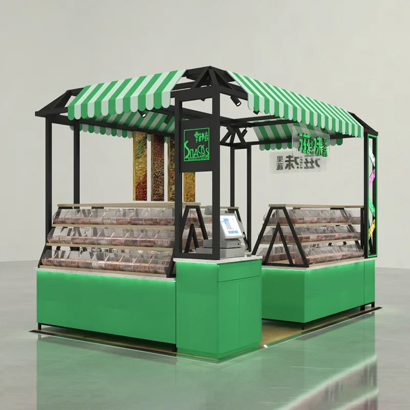 Hcd3a36bea83345aea20bd48eddf21d89e.webp Mall Atrium Double-Sided Snack Shelves Display Cabinets Light Duty Metal Design Special Sale for Supermarket Fruit Jerky Food - Image 1