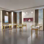 Modern Luxury Gold Metal Frame Jewelry Watch Display Showcase MDF Glass with LED Light for Mall Showroom Use