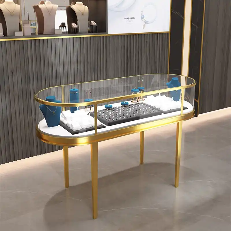 Hd1473a5614b54e42a521a6b029735045U.jpg Modern Luxury LED Light Jewelry Watch Display Showcase Durable Stainless Steel MDF Glass Gold Metal Frame for Mall Retail Store - Image 1