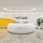 Custom Modern Design Luxury Curved Reception Desk Commercial Office Wooden Front Checkout Counter for Customer Service Reception