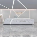 Custom Logo White Marble Rectangle Reception Desk Modern Salon Checkout Counters with Gold Front Desk