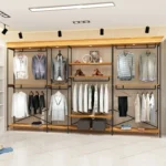 Solid Wood Vintage Clothing Display Rack High-End Metallic Shopping Mall Men's Shelves Display Case Floor Hanging Design