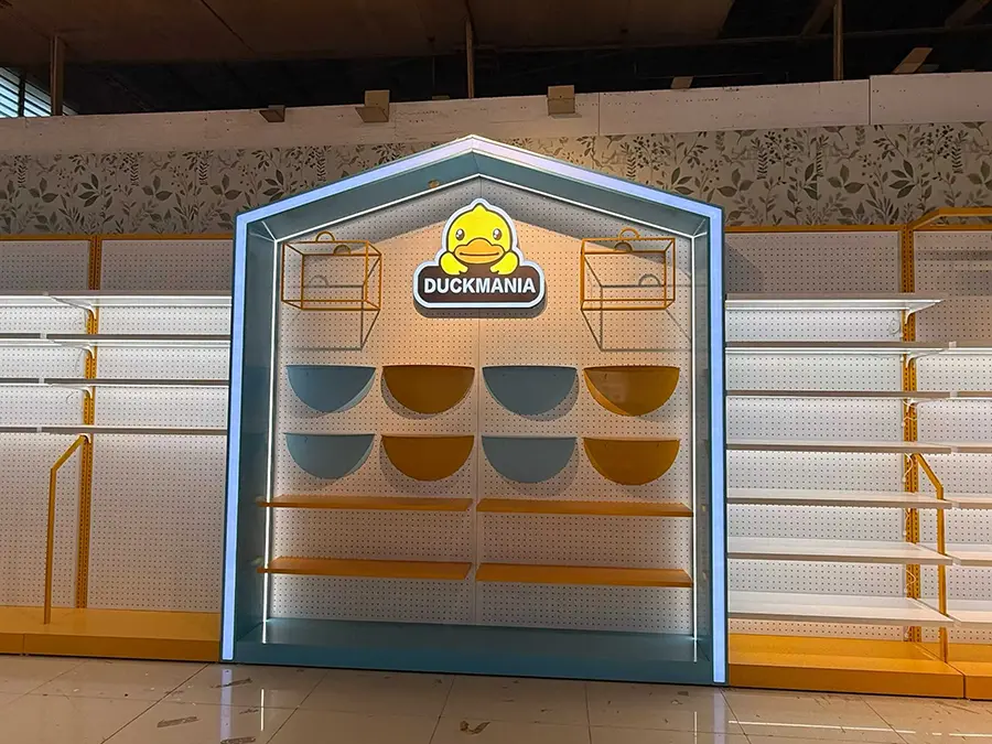 Colorful display shelves for Duckmania