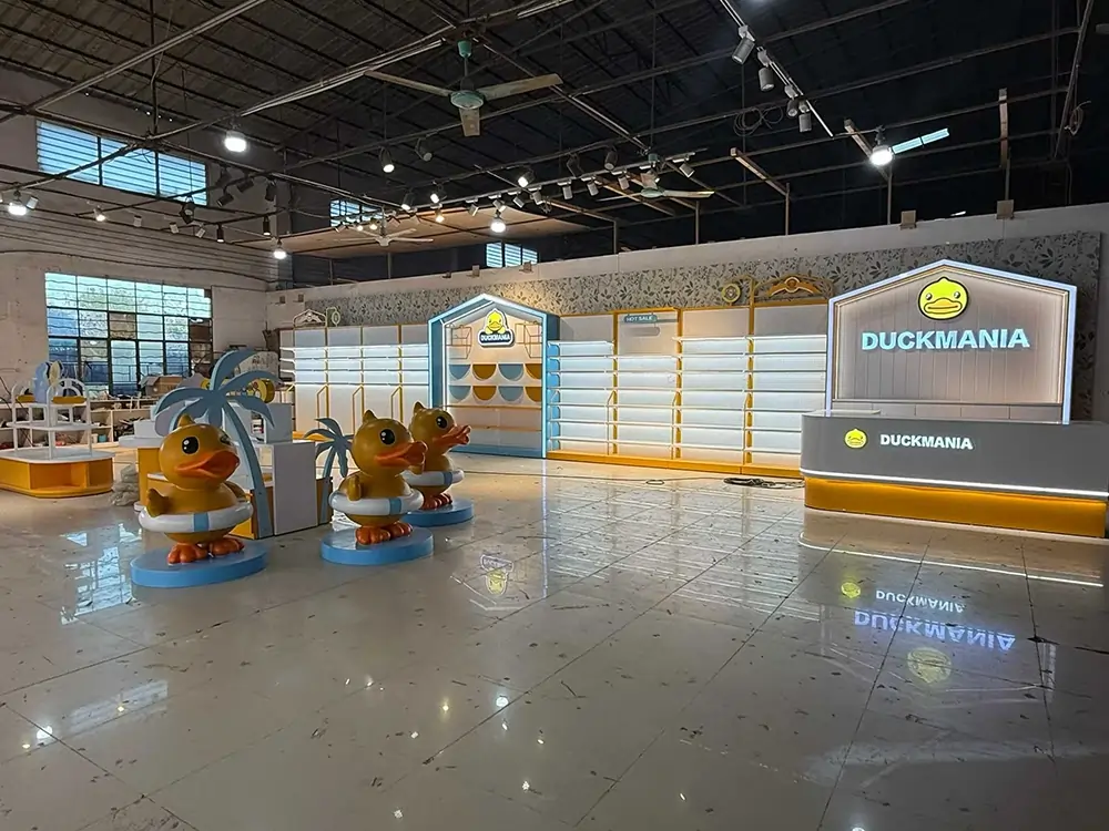 Bright store with duck-themed displays